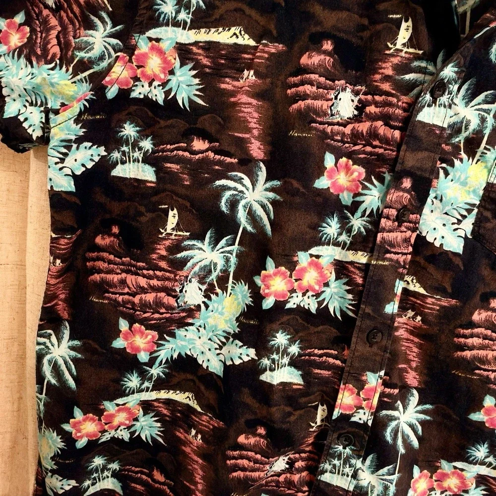 Men's Billabong Hawaiian Tiki 100% Cotton Short-Sleeve Button Shirt L– Excellent